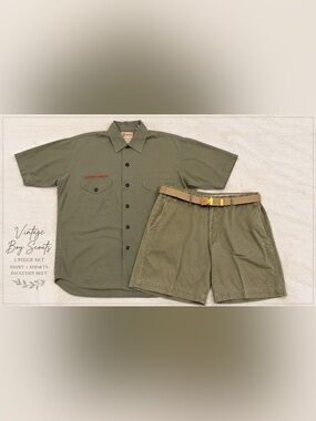 Olive Green Short Sleeve Button-Up Shirt & Shorts Set - E